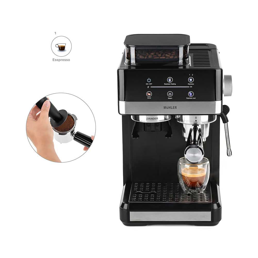Mühler Espressomaskine med 20 bar tryk, kværn og mælkeskummer