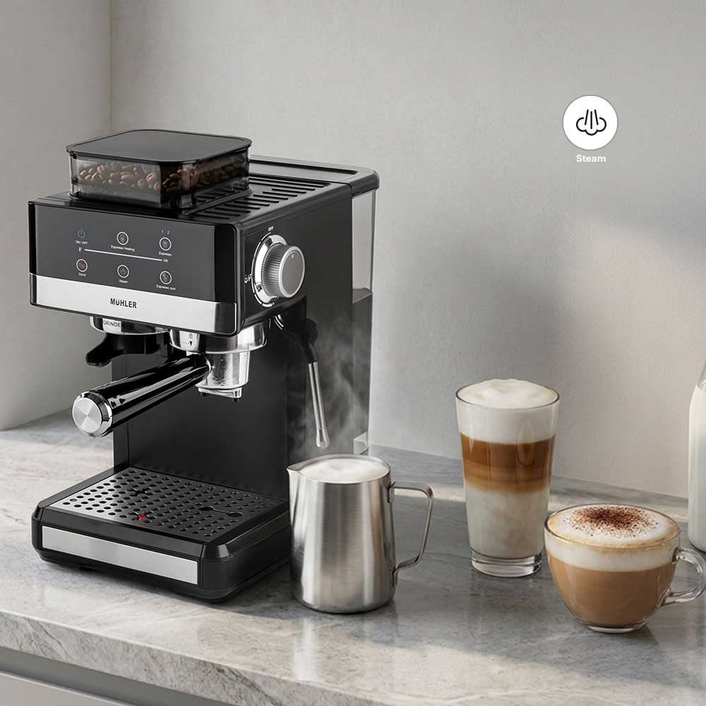 Mühler Espressomaskine med 20 bar tryk, kværn og mælkeskummer