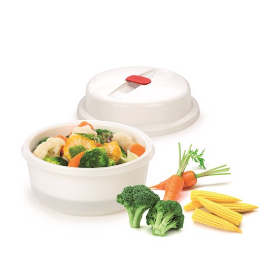 Se Dyb skål til dampning af grøntsager i microbølgeovn - Billig fragt hos Gourmetshoppen.com